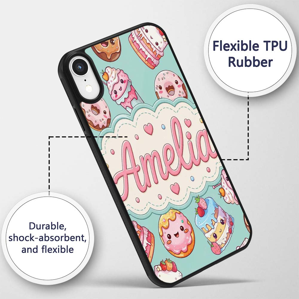 Cute Kawaii Donuts Cakes Desserts Mint Background Custom Name Protective Phone Case Mobile Cover Durable Everyday Smartphone Shock Resistant