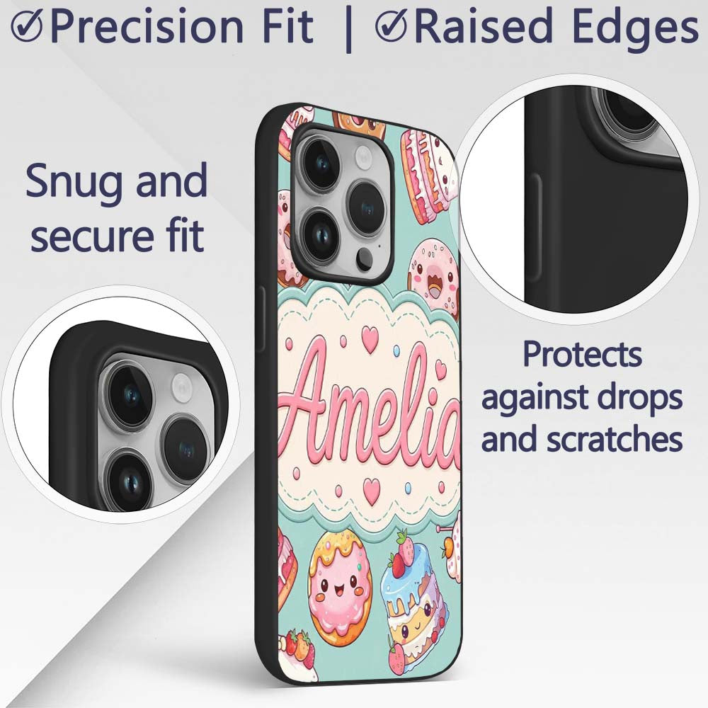 Cute Kawaii Donuts Cakes Desserts Mint Background Custom Name Protective Phone Case Mobile Cover Durable Everyday Smartphone Shock Resistant