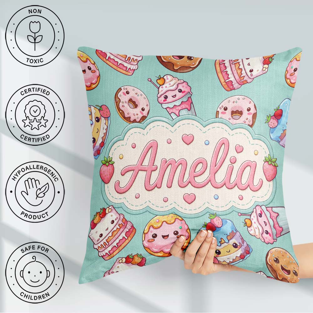 Custom Name Kawaii Donuts Cakes Desserts Mint Background Pattern Square Filled Cushion Throw Pillow Sofa Bed Home Decor Zip Washable UK Made