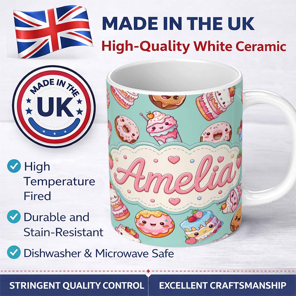 Personalized Custom Name Cute Kawaii Donuts Cakes Desserts Mint Background Seamless Pattern 11oz Ceramic Coffee Tea Mug White Large Handle