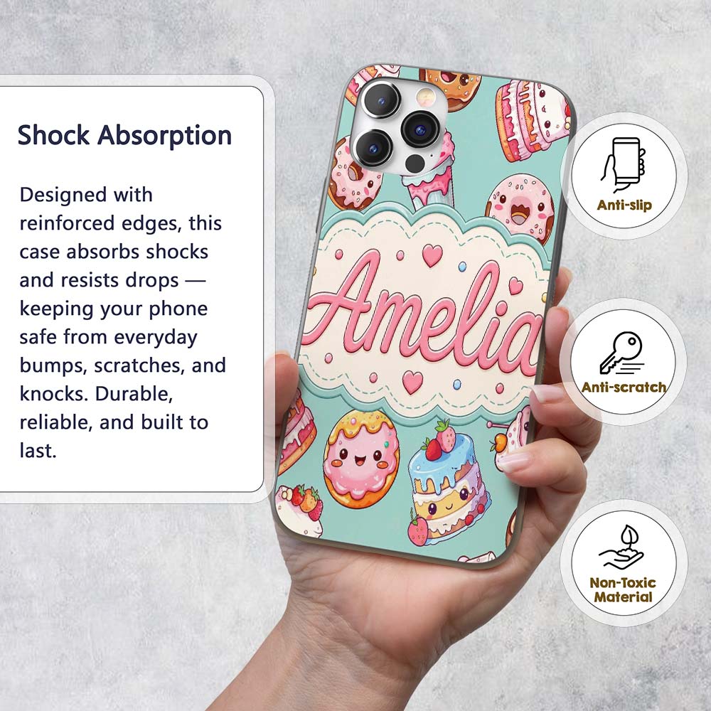 Cute Kawaii Donuts Cakes Desserts Mint Background Custom Name Protective Phone Case Mobile Cover Durable Everyday Smartphone Shock Resistant