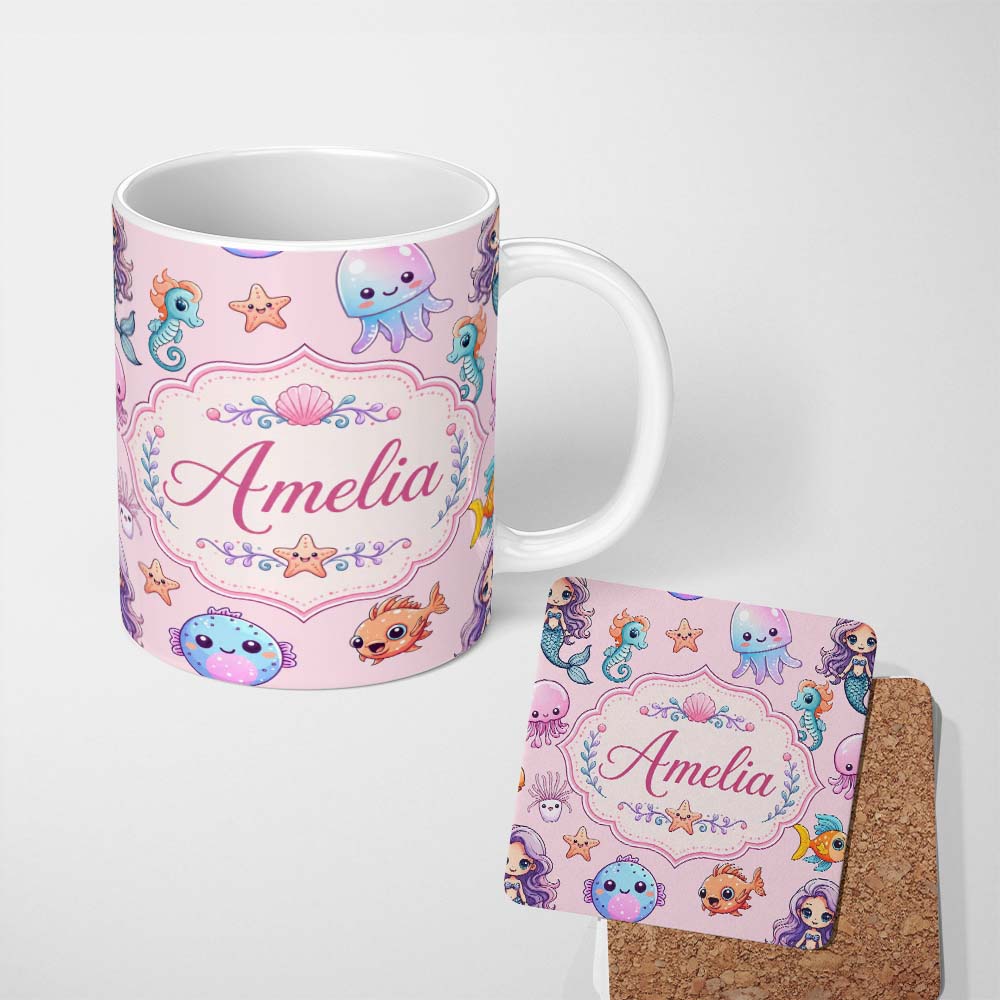 Personalized Custom Name Cute Cartoon Mermaid with Sea Creatures on Soft Pink Background Kids 11oz Ceramic Coffee Tea Mug White Large Handle