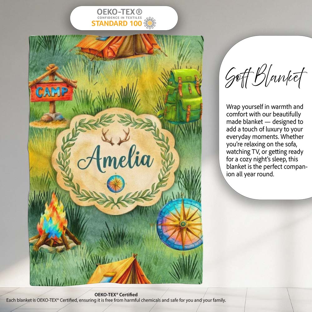 Camping Adventure Gear Watercolor Seamless Pattern Cute Unique Gift Personalised Custom Name Super Soft Fleece Blanket Bed Sofa Throw