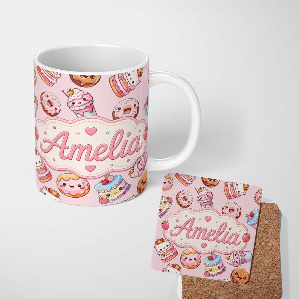Personalized Custom Name Cute Kawaii Donuts Cakes Desserts Soft Pink Background Seamless 11oz Ceramic Coffee Tea Mug White Large Handle