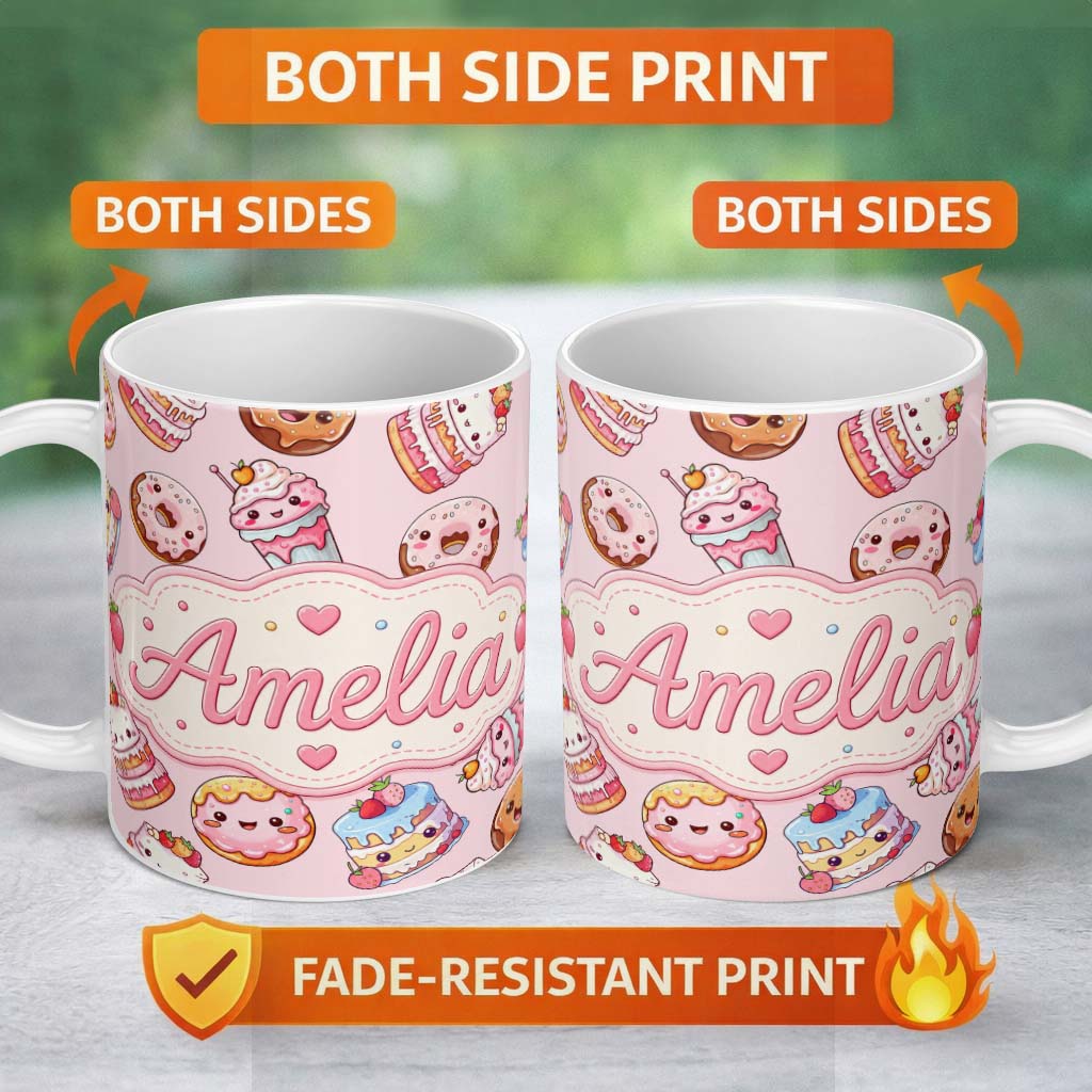 Personalized Custom Name Cute Kawaii Donuts Cakes Desserts Soft Pink Background Seamless 11oz Ceramic Coffee Tea Mug White Large Handle