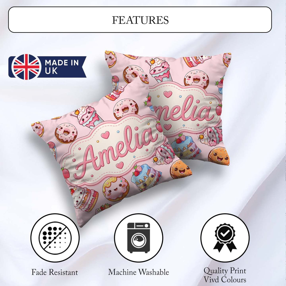Custom Name Cute Kawaii Donuts Cakes Desserts Soft Pink Seamless Square Filled Cushion Throw Pillow Sofa Bed Home Decor Zip Washable UK Made
