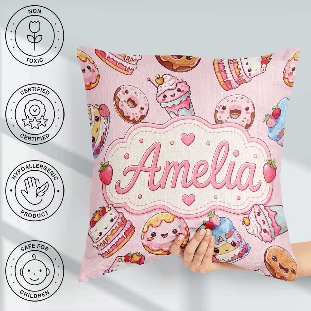 Custom Name Cute Kawaii Donuts Cakes Desserts Soft Pink Seamless Square Filled Cushion Throw Pillow Sofa Bed Home Decor Zip Washable UK Made