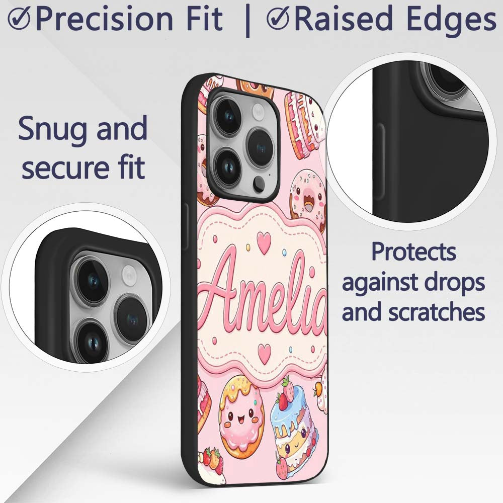 Cute Kawaii Donuts Cakes Desserts Printed Design Custom Name Protective Phone Case Mobile Cover Durable Everyday Smartphone Shock Resistant