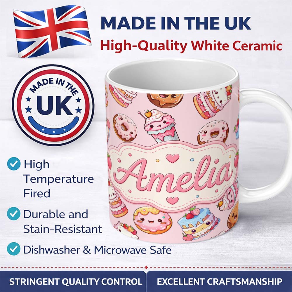 Personalized Custom Name Cute Kawaii Donuts Cakes Desserts Soft Pink Background Seamless 11oz Ceramic Coffee Tea Mug White Large Handle