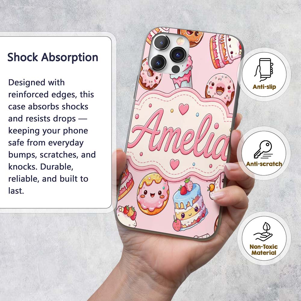 Cute Kawaii Donuts Cakes Desserts Printed Design Custom Name Protective Phone Case Mobile Cover Durable Everyday Smartphone Shock Resistant