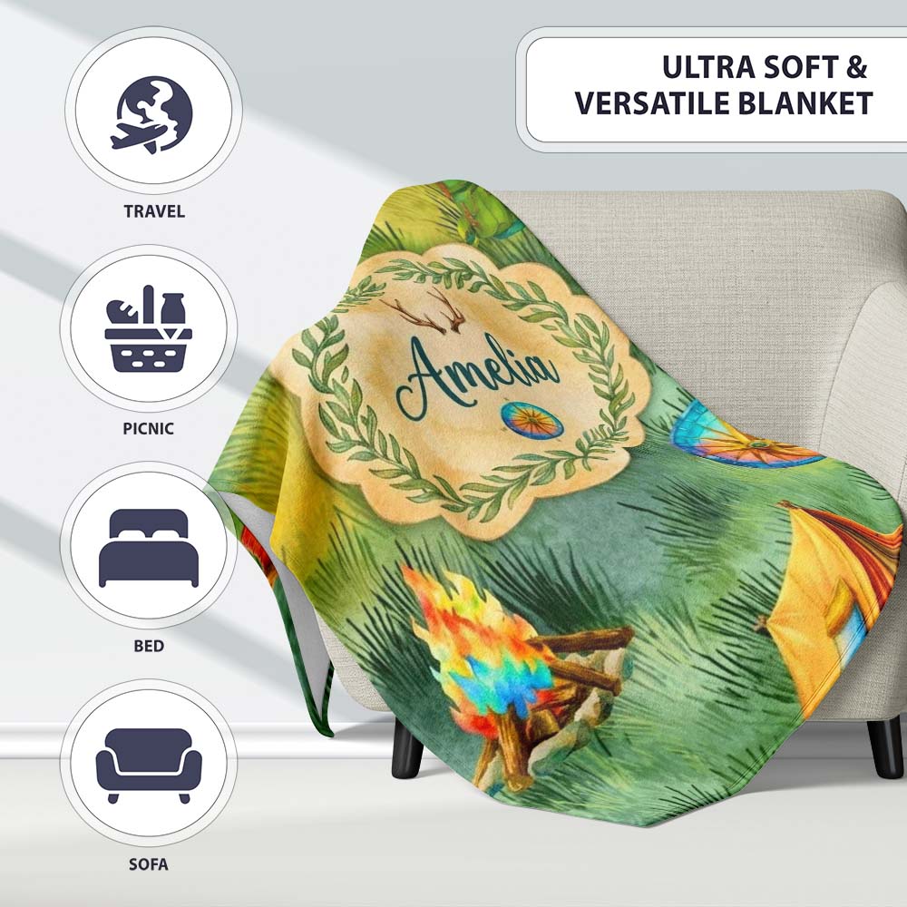Camping Adventure Gear Watercolor Seamless Pattern Cute Unique Gift Personalised Custom Name Super Soft Fleece Blanket Bed Sofa Throw