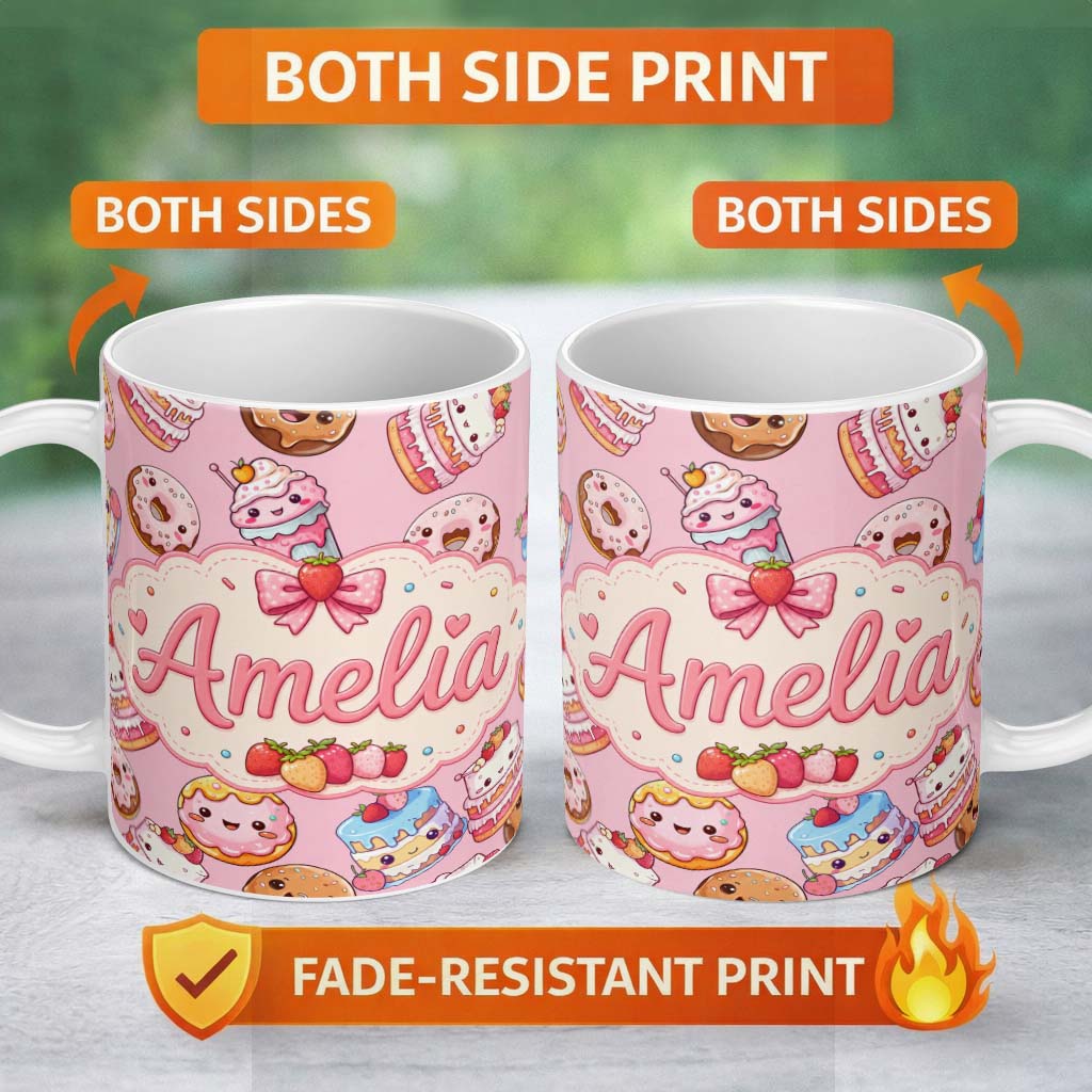 Personalized Custom Name Cute Kawaii Donuts Cakes Desserts Blush Pink Background Seamless 11oz Ceramic Coffee Tea Mug White Large Handle