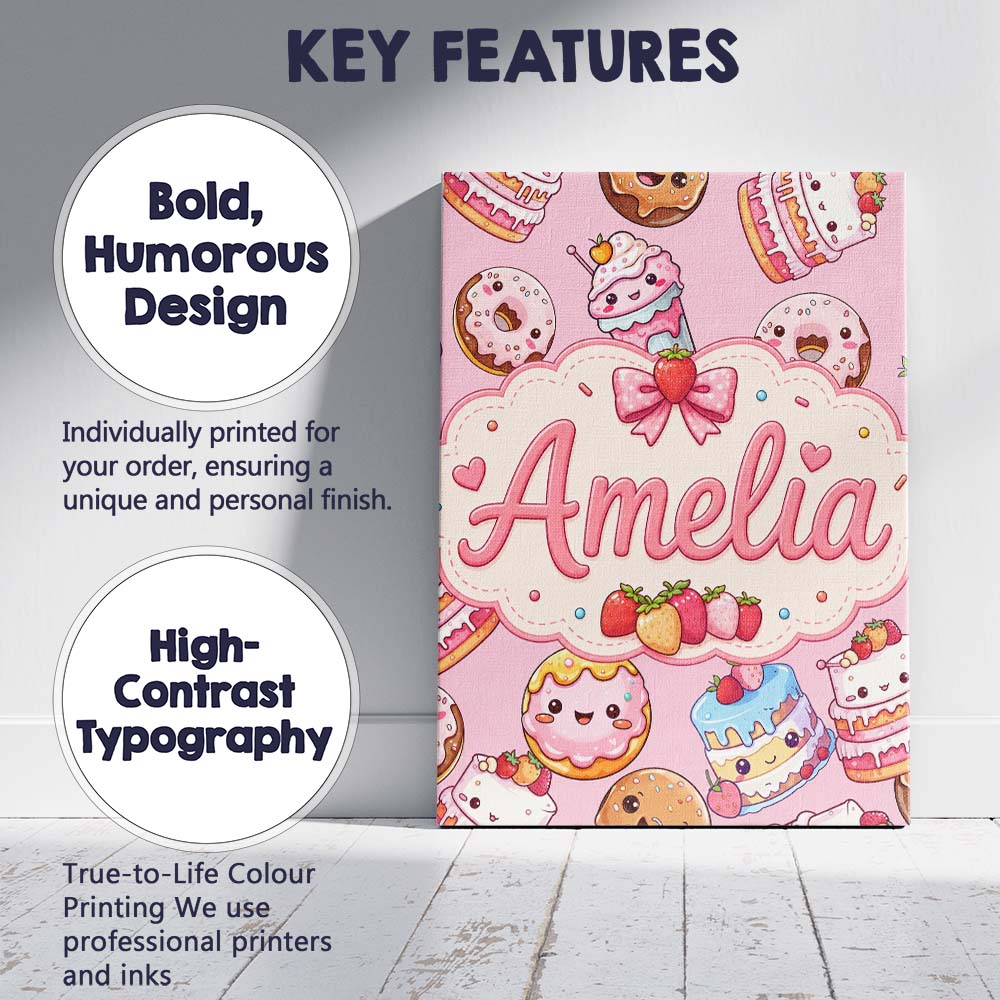 Personalised Name Cute Kawaii Donuts Cakes Custom Unique Gift Idea Elegant Feature Canvas Wall Art Print Decor Picture Ready to Hang