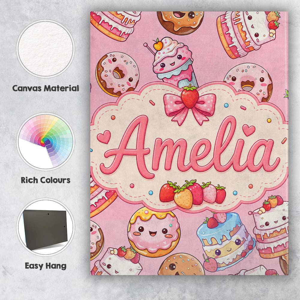 Personalised Name Cute Kawaii Donuts Cakes Custom Unique Gift Idea Elegant Feature Canvas Wall Art Print Decor Picture Ready to Hang
