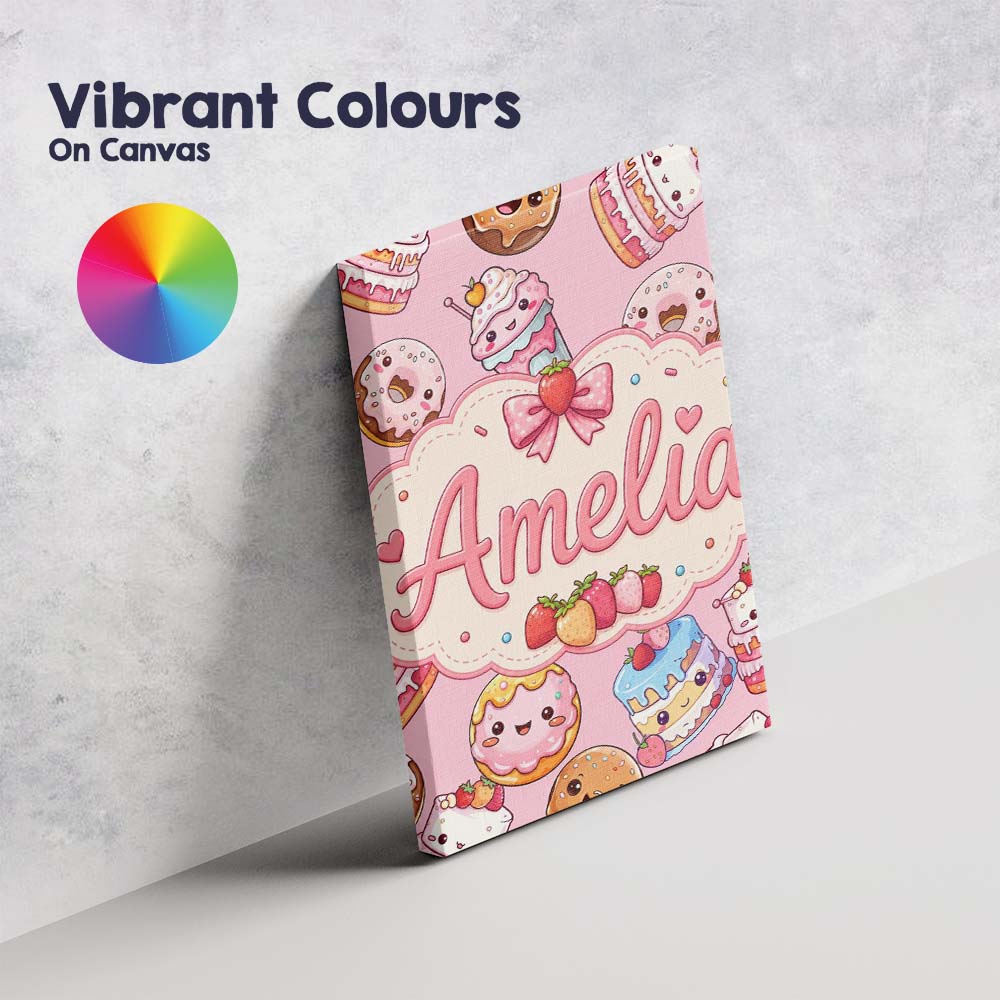 Personalised Name Cute Kawaii Donuts Cakes Custom Unique Gift Idea Elegant Feature Canvas Wall Art Print Decor Picture Ready to Hang