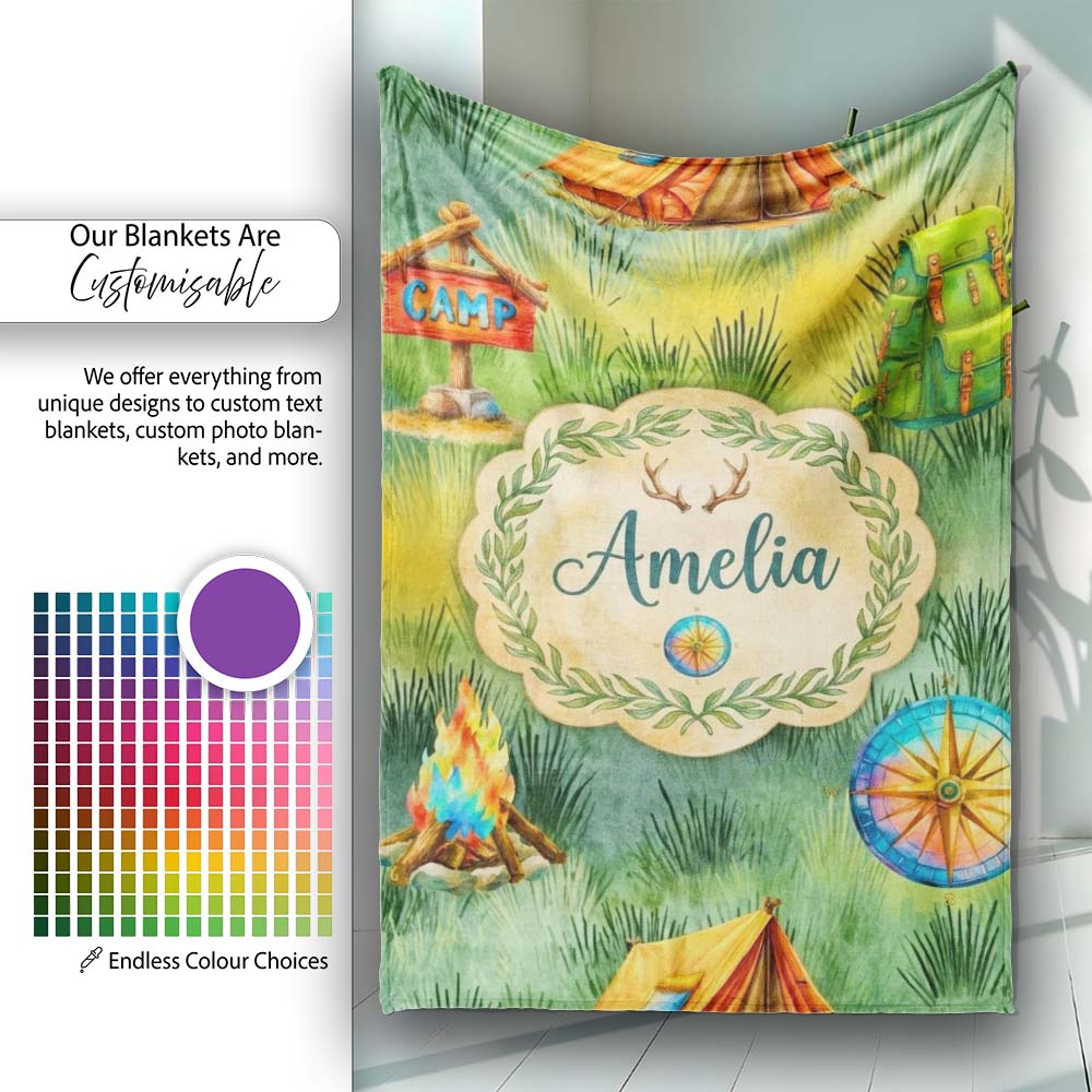 Camping Adventure Gear Watercolor Seamless Pattern Cute Unique Gift Personalised Custom Name Super Soft Fleece Blanket Bed Sofa Throw