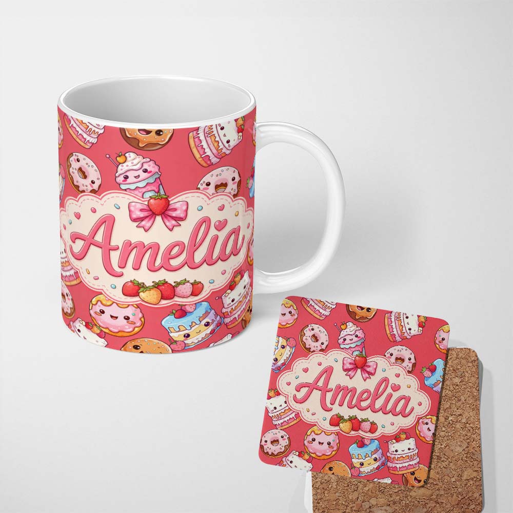 Personalized Custom Name Cute Kawaii Donuts Cakes Desserts Red Background Seamless Pattern 11oz Ceramic Coffee Tea Mug White Large Handle