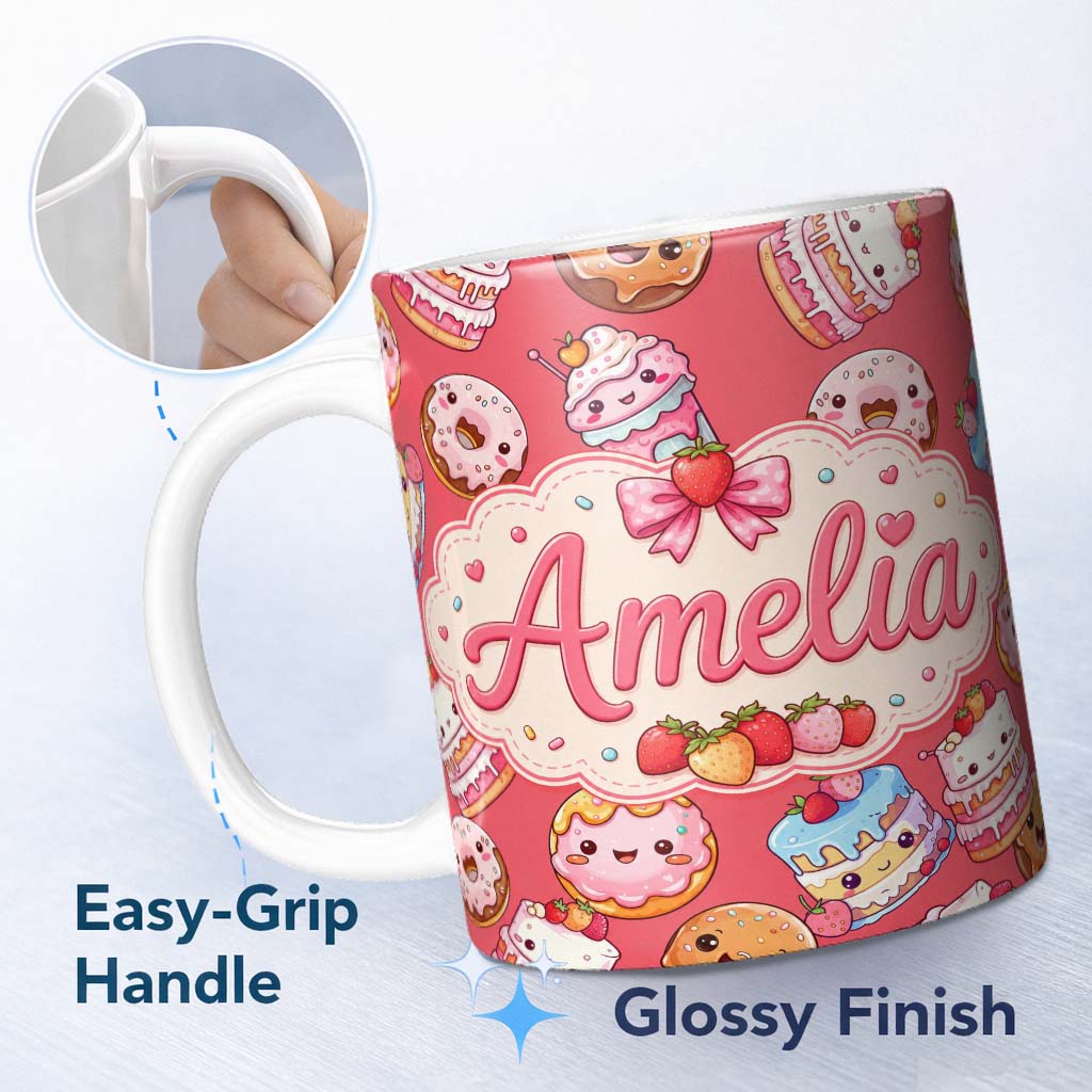 Personalized Custom Name Cute Kawaii Donuts Cakes Desserts Red Background Seamless Pattern 11oz Ceramic Coffee Tea Mug White Large Handle