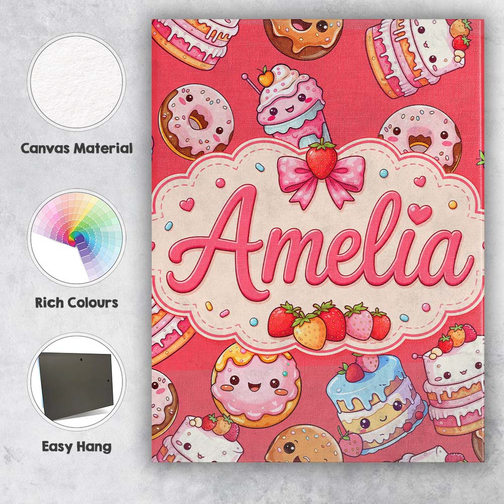 Personalised Name Cute Kawaii Donuts Cakes Custom Unique Gift Idea Elegant Feature Canvas Wall Art Print Decor Picture Ready to Hang