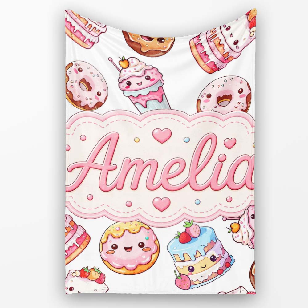 Cute Kawaii Donuts Cakes Desserts Light Grey Background Seamless Personalised Custom Name Super Soft Fleece Blanket Bed Sofa Throw