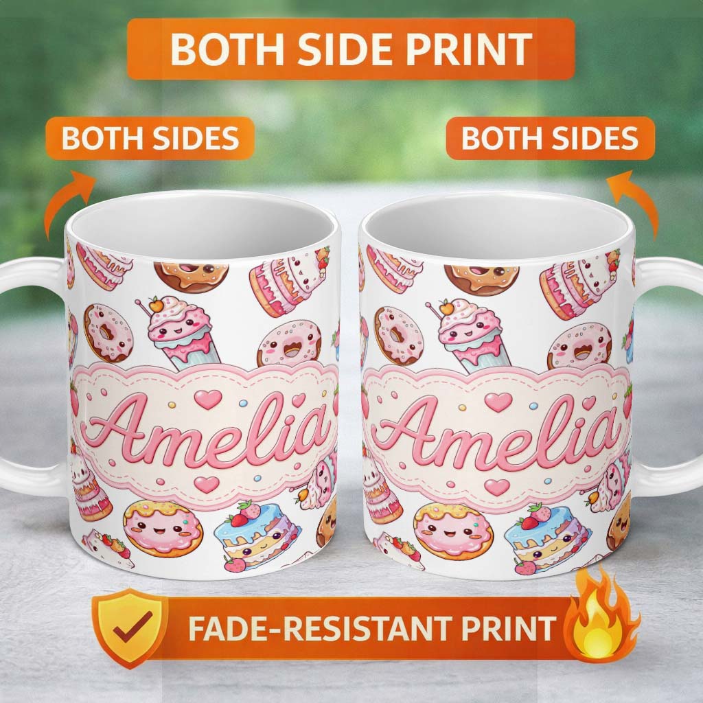Personalized Custom Name Cute Kawaii Donuts Cakes Desserts Light Grey Background Seamless 11oz Ceramic Coffee Tea Mug White Large Handle