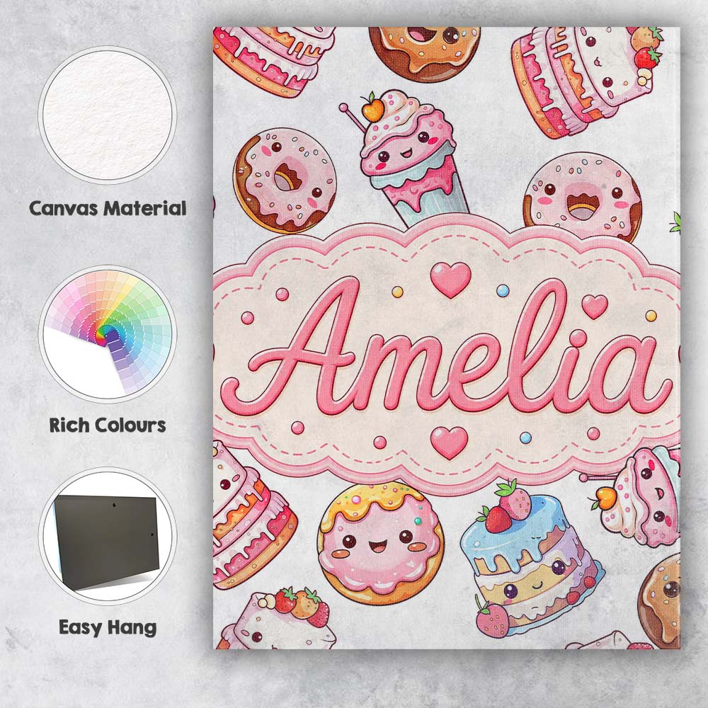 Personalised Name Cute Kawaii Donuts Cakes Custom Unique Gift Idea Elegant Feature Canvas Wall Art Print Decor Picture Ready to Hang