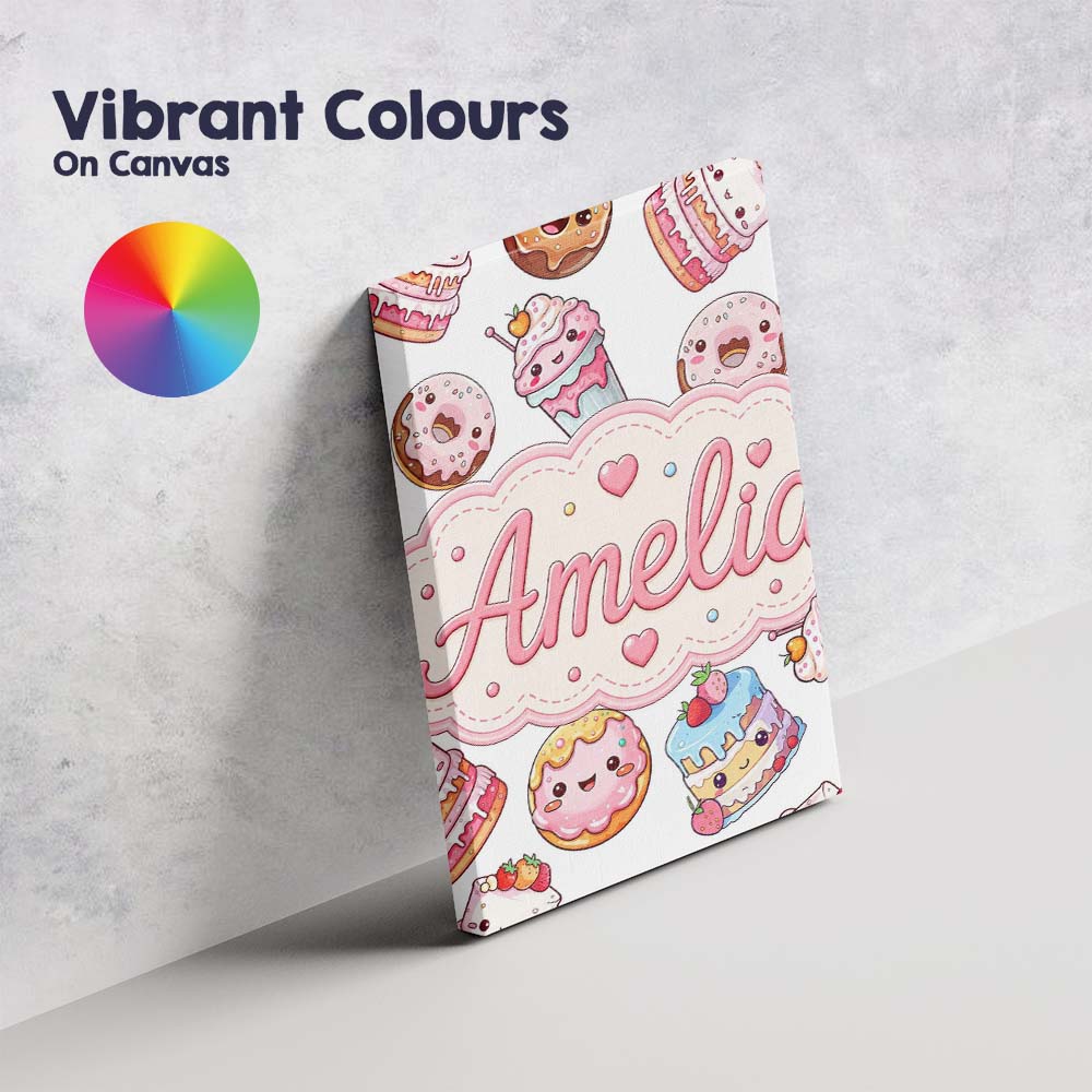 Personalised Name Cute Kawaii Donuts Cakes Custom Unique Gift Idea Elegant Feature Canvas Wall Art Print Decor Picture Ready to Hang
