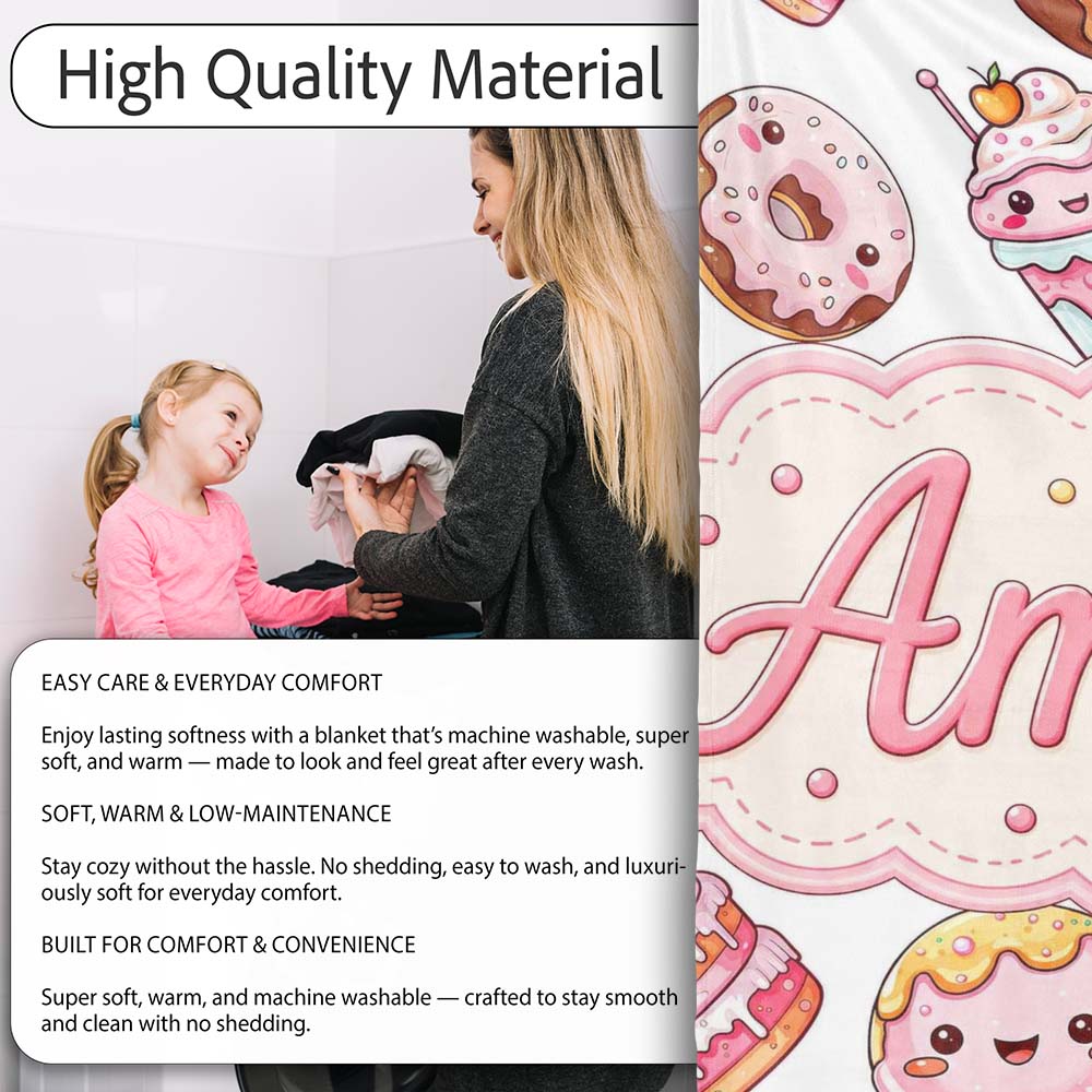 Cute Kawaii Donuts Cakes Desserts Light Grey Background Seamless Personalised Custom Name Super Soft Fleece Blanket Bed Sofa Throw