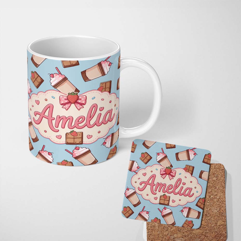 Personalized Custom Name Cute Chocolate Strawberry Milkshake Blue Background Seamless 11oz Ceramic Coffee Tea Mug White Large Handle