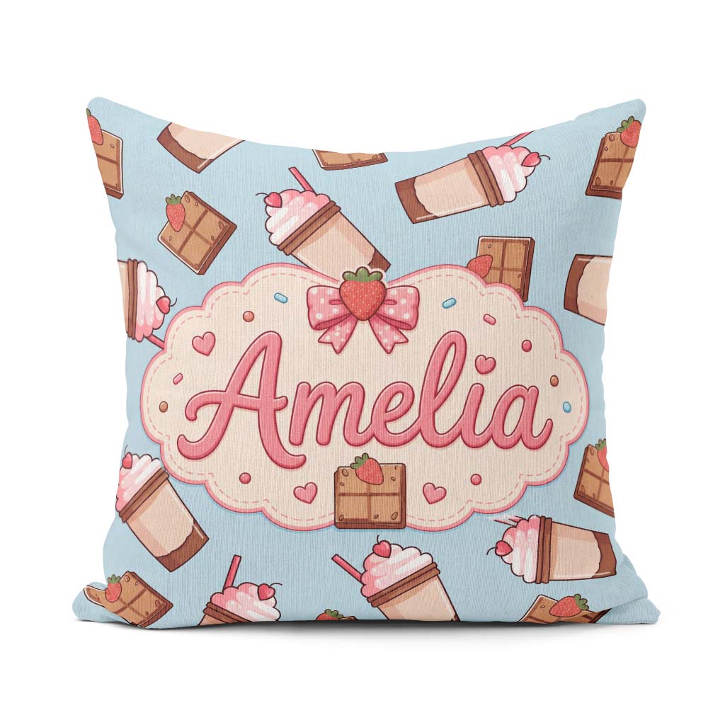 Custom Name Cute Chocolate Strawberry Milkshake Blue Background Square Filled Cushion Throw Pillow Sofa Bed Home Decor Zip Washable UK Made