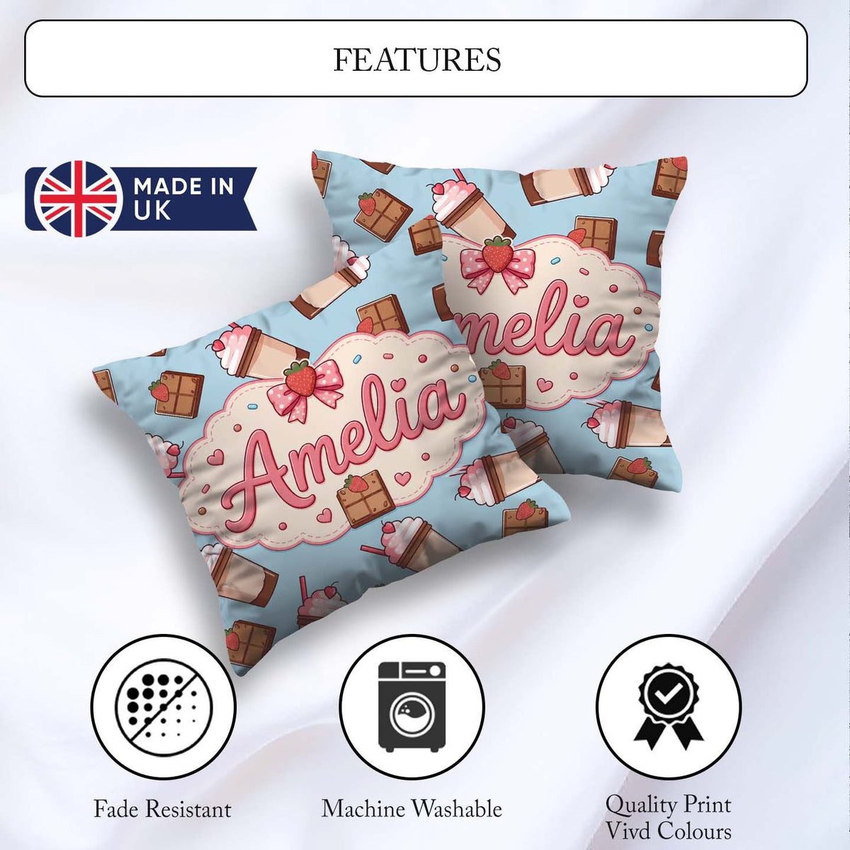 Custom Name Cute Chocolate Strawberry Milkshake Blue Background Square Filled Cushion Throw Pillow Sofa Bed Home Decor Zip Washable UK Made