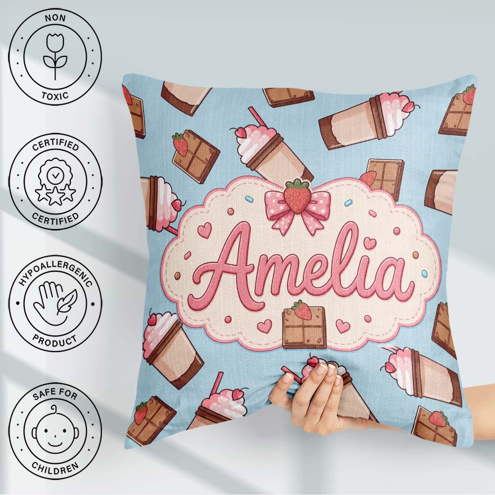Custom Name Cute Chocolate Strawberry Milkshake Blue Background Square Filled Cushion Throw Pillow Sofa Bed Home Decor Zip Washable UK Made