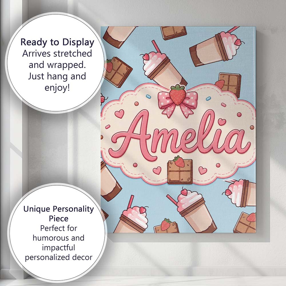 Personalised Name Cute Chocolate Strawberry Custom Bespoke Interior Contemporary Canvas Wall Art Print Decor Picture Ready to Hang