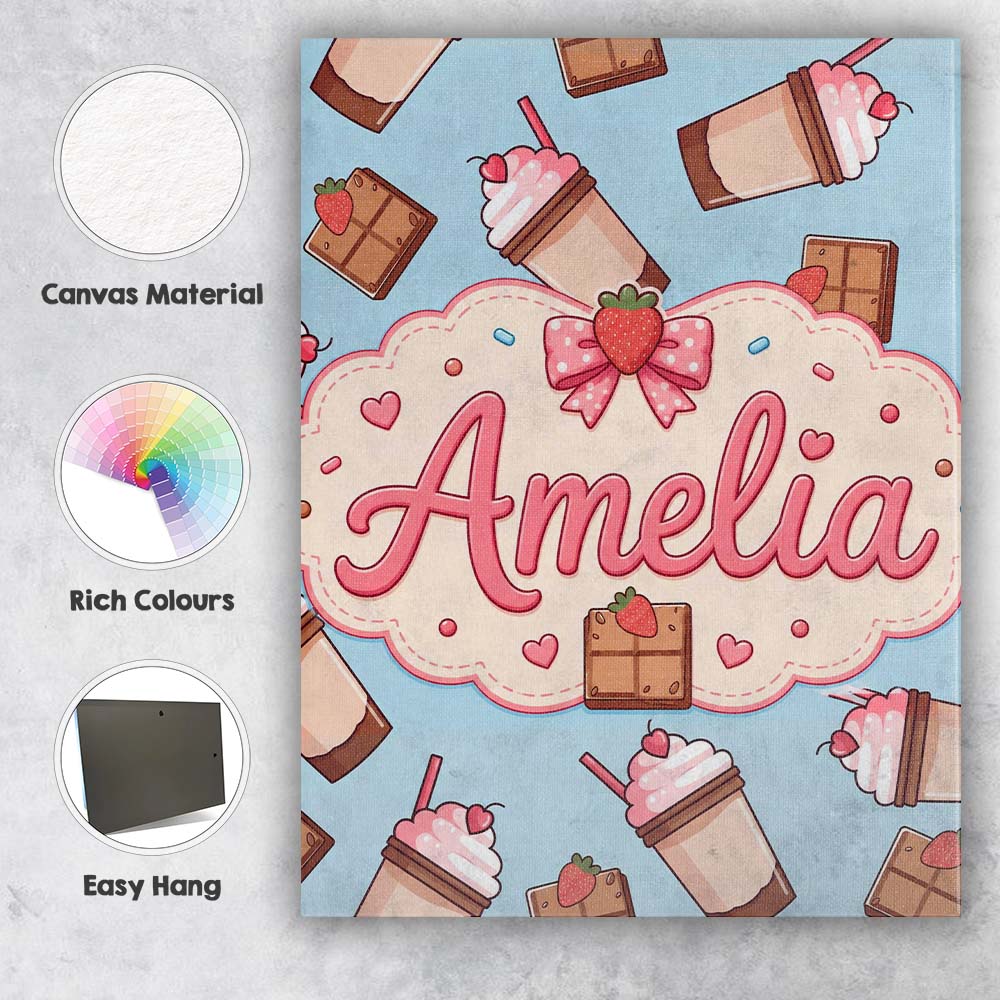 Personalised Name Cute Chocolate Strawberry Custom Bespoke Interior Contemporary Canvas Wall Art Print Decor Picture Ready to Hang