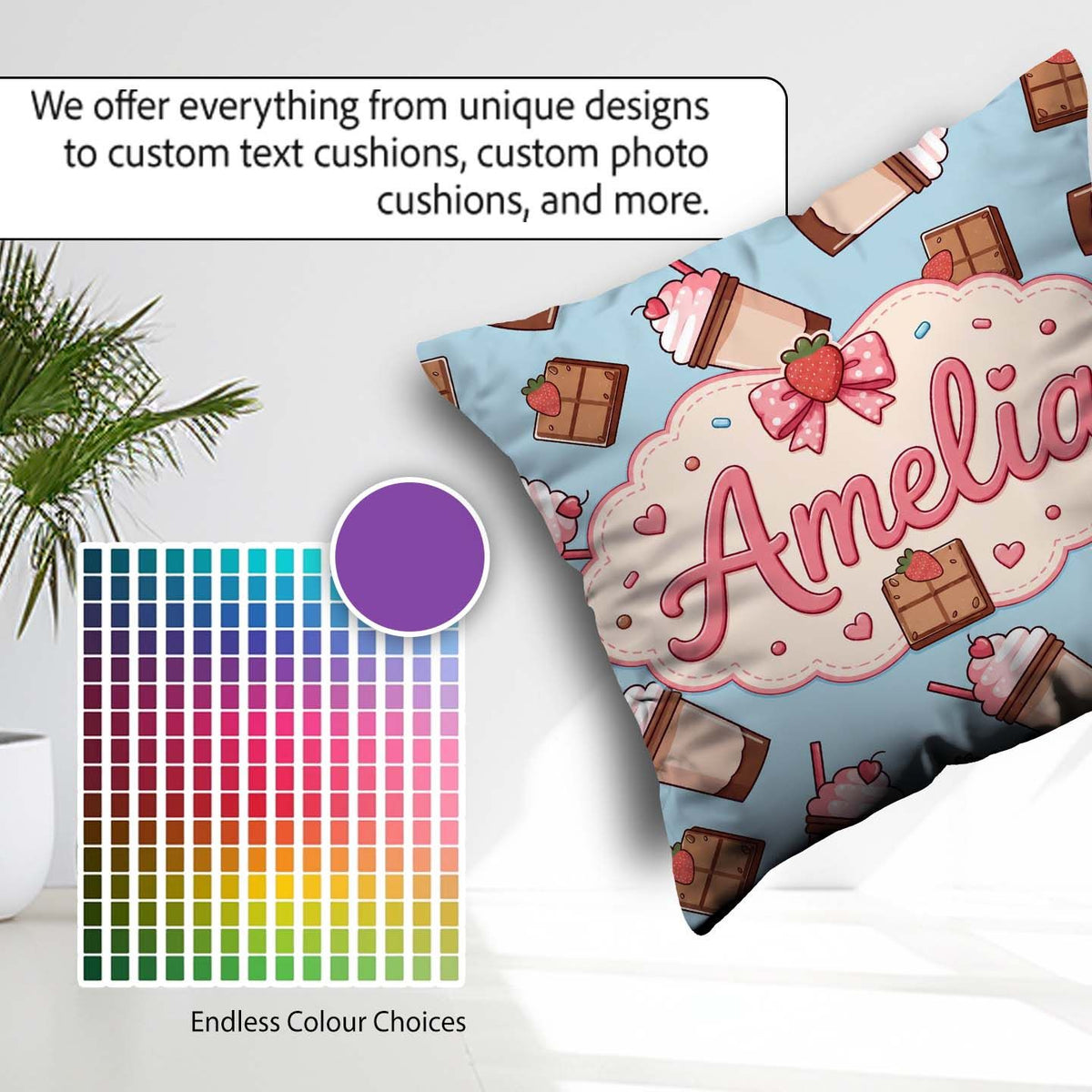 Custom Name Cute Chocolate Strawberry Milkshake Blue Background Square Filled Cushion Throw Pillow Sofa Bed Home Decor Zip Washable UK Made