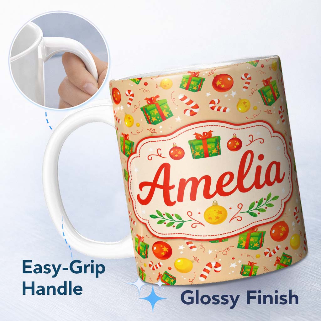 Personalized Custom Name Christmas Gifts Candy Cane Baubles Festive Seamless Pattern Lovely 11oz Ceramic Coffee Tea Mug White Large Handle
