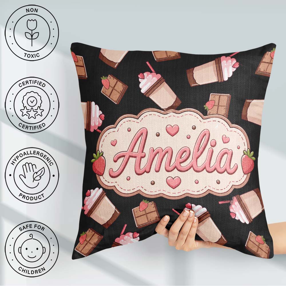 Custom Name Cute Chocolate Strawberry Milkshake Black Background Square Filled Cushion Throw Pillow Sofa Bed Home Decor Zip Washable UK Made