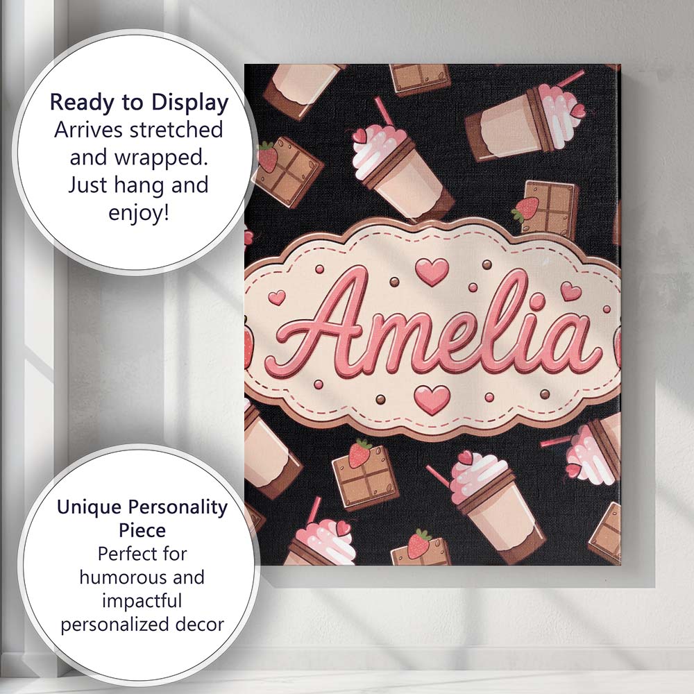 Personalised Name Cute Chocolate Strawberry Custom Bespoke Interior Contemporary Canvas Wall Art Print Decor Picture Ready to Hang