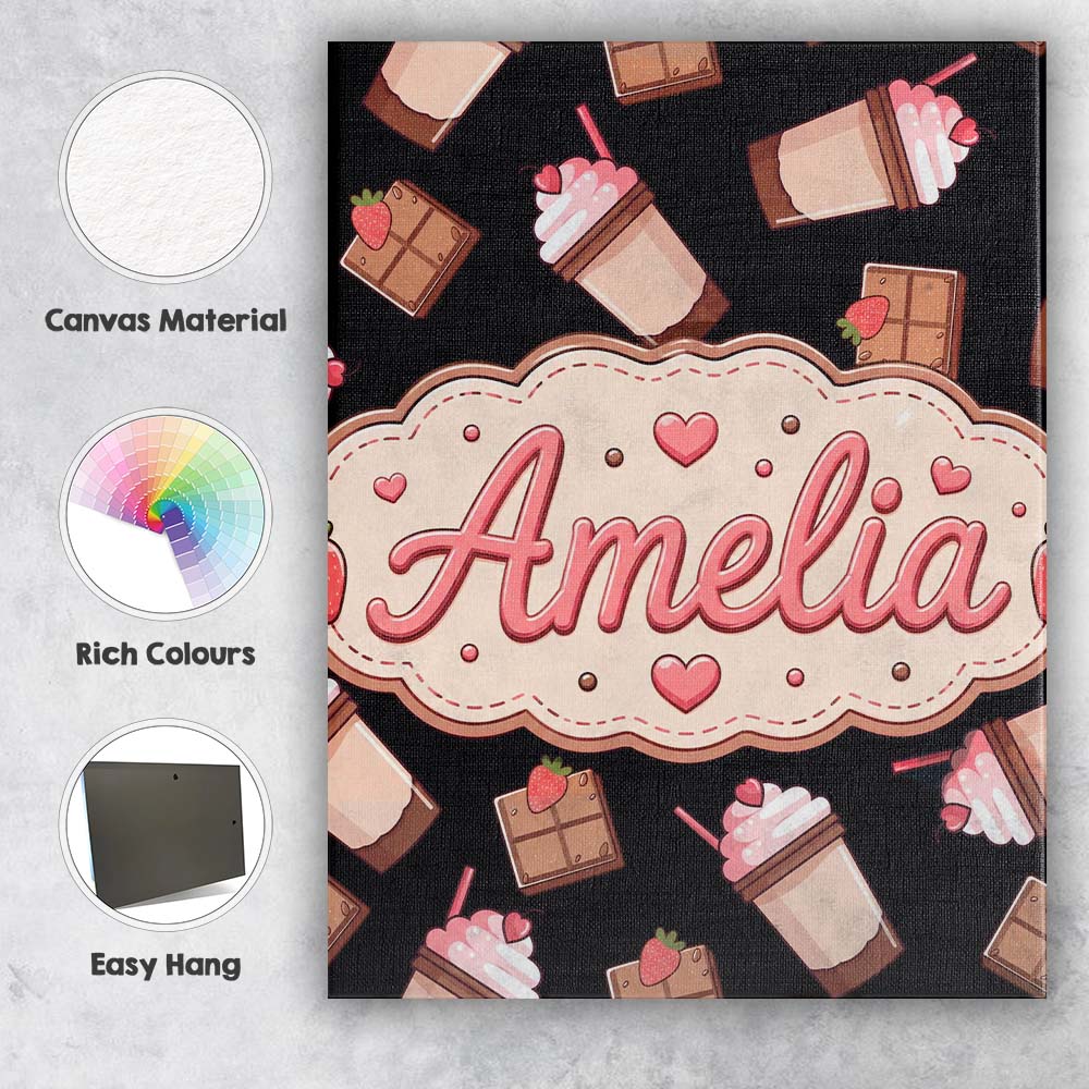 Personalised Name Cute Chocolate Strawberry Custom Bespoke Interior Contemporary Canvas Wall Art Print Decor Picture Ready to Hang