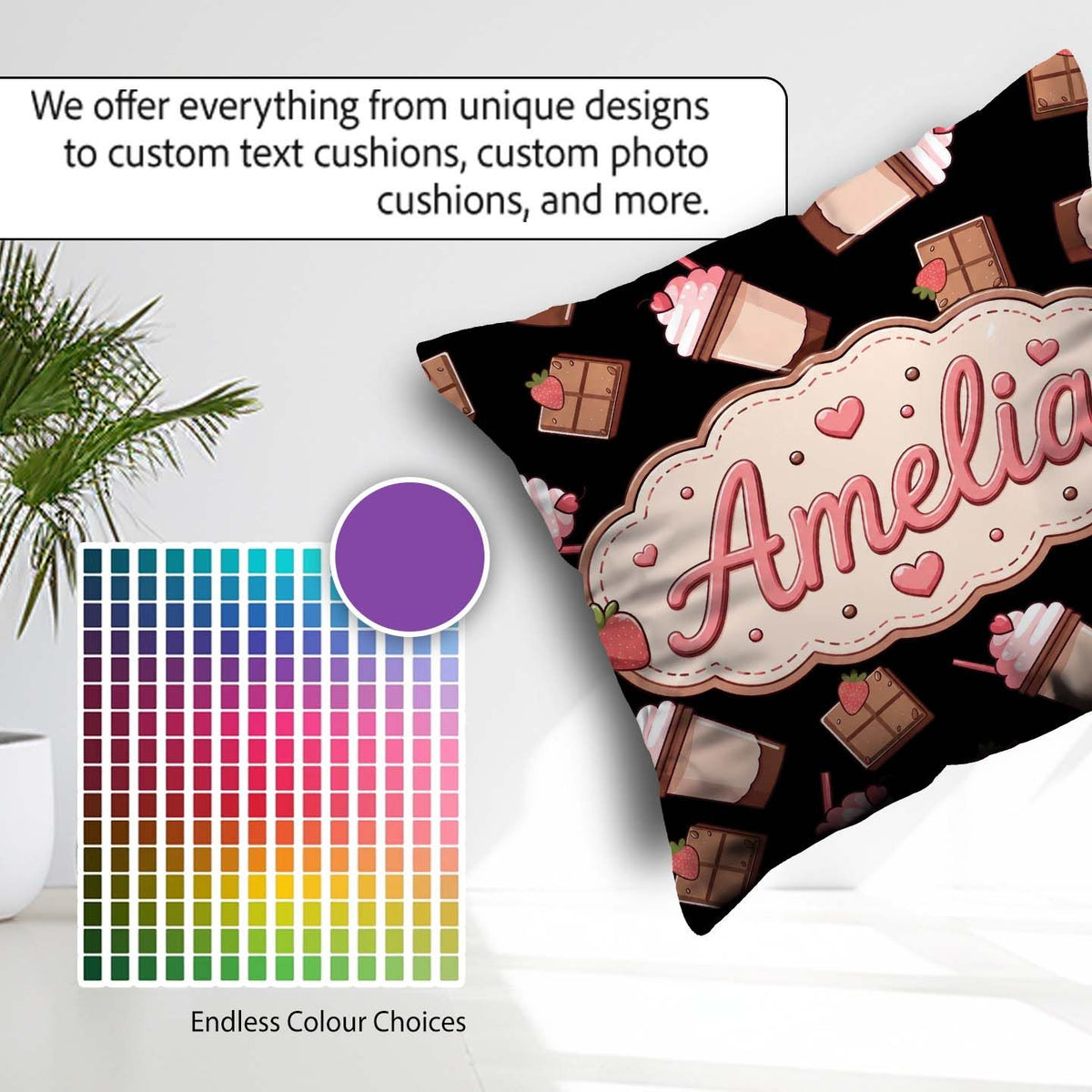 Custom Name Cute Chocolate Strawberry Milkshake Black Background Square Filled Cushion Throw Pillow Sofa Bed Home Decor Zip Washable UK Made