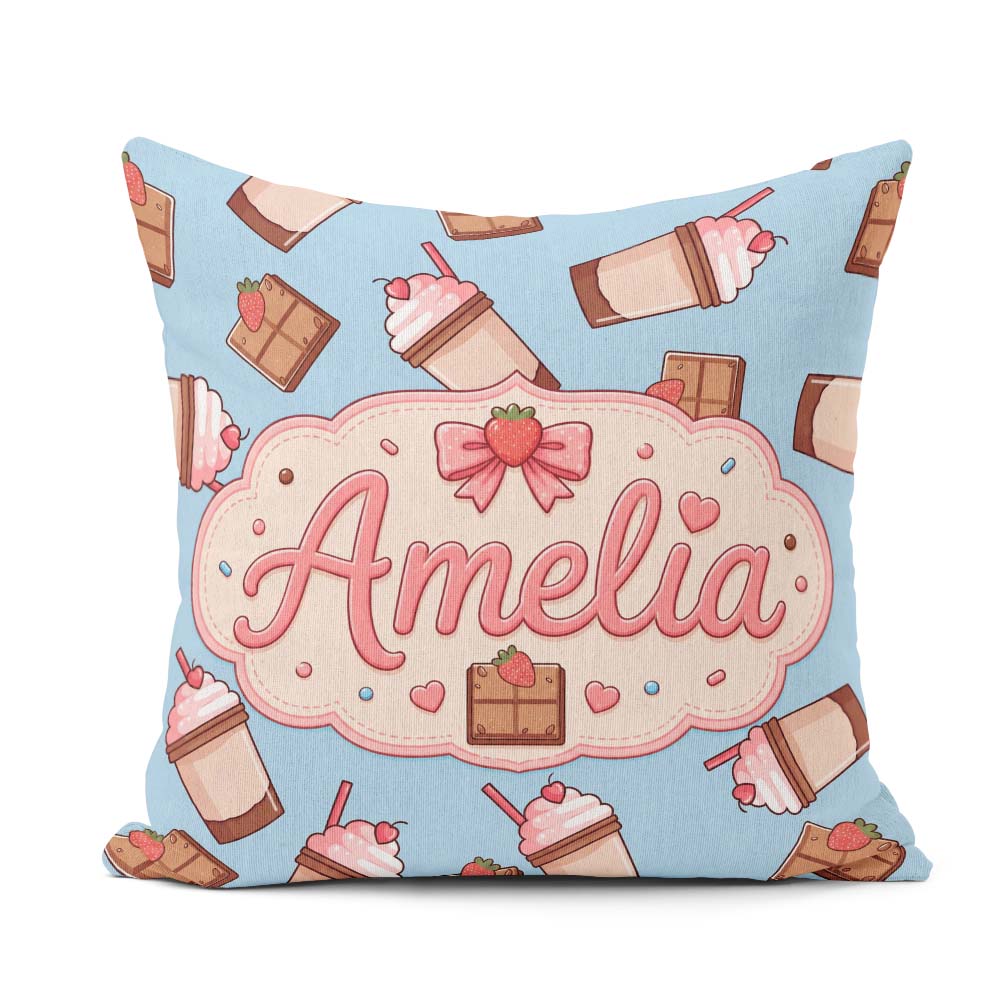 Custom Name Cute Chocolate Strawberry Milkshake Blue Background Square Filled Cushion Throw Pillow Sofa Bed Home Decor Zip Washable UK Made