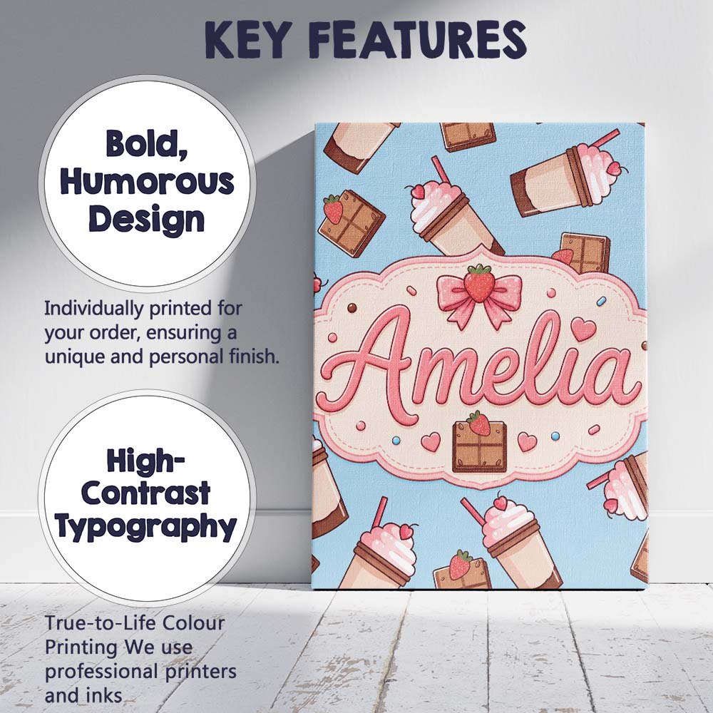 Personalised Name Cute Chocolate Strawberry Custom Bespoke Interior Contemporary Canvas Wall Art Print Decor Picture Ready to Hang