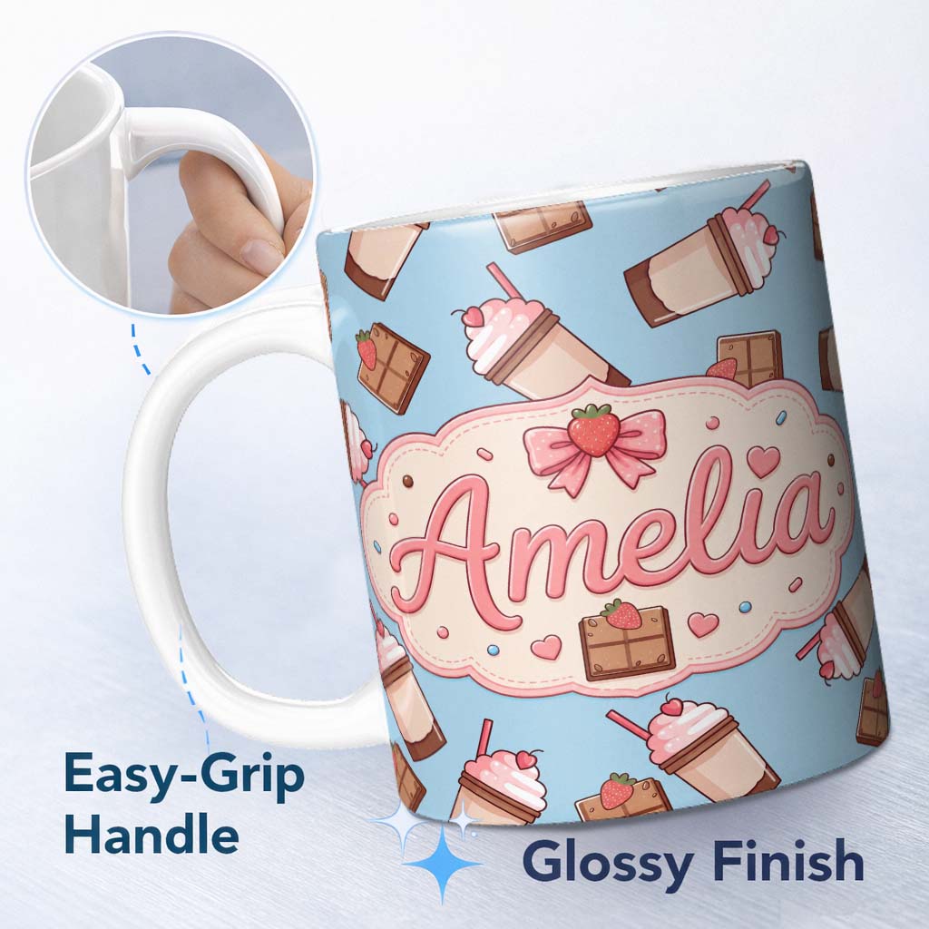 Personalized Custom Name Cute Chocolate Strawberry Milkshake Blue Background Seamless 11oz Ceramic Coffee Tea Mug White Large Handle