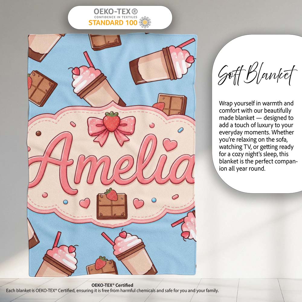 Cute Chocolate Strawberry Milkshake Blue Background Seamless Personalised Custom Name Super Soft Fleece Blanket Bed Sofa Throw