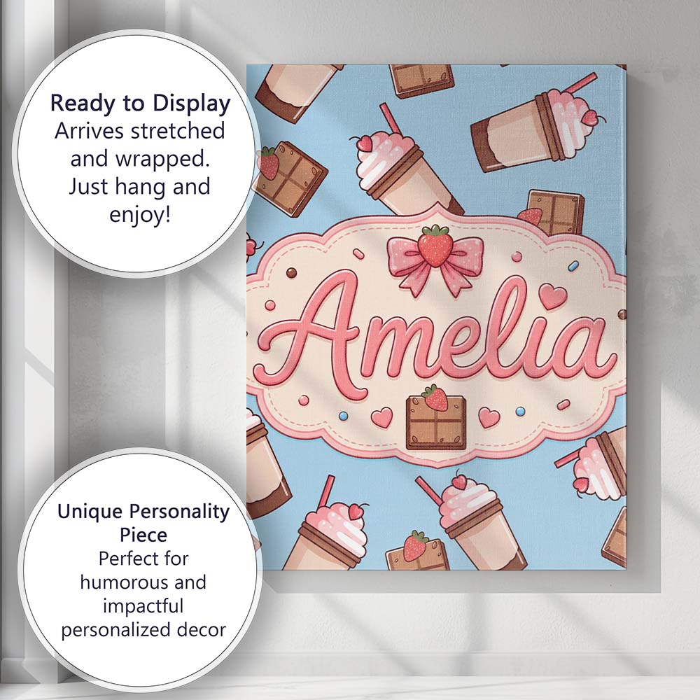 Personalised Name Cute Chocolate Strawberry Custom Bespoke Interior Contemporary Canvas Wall Art Print Decor Picture Ready to Hang