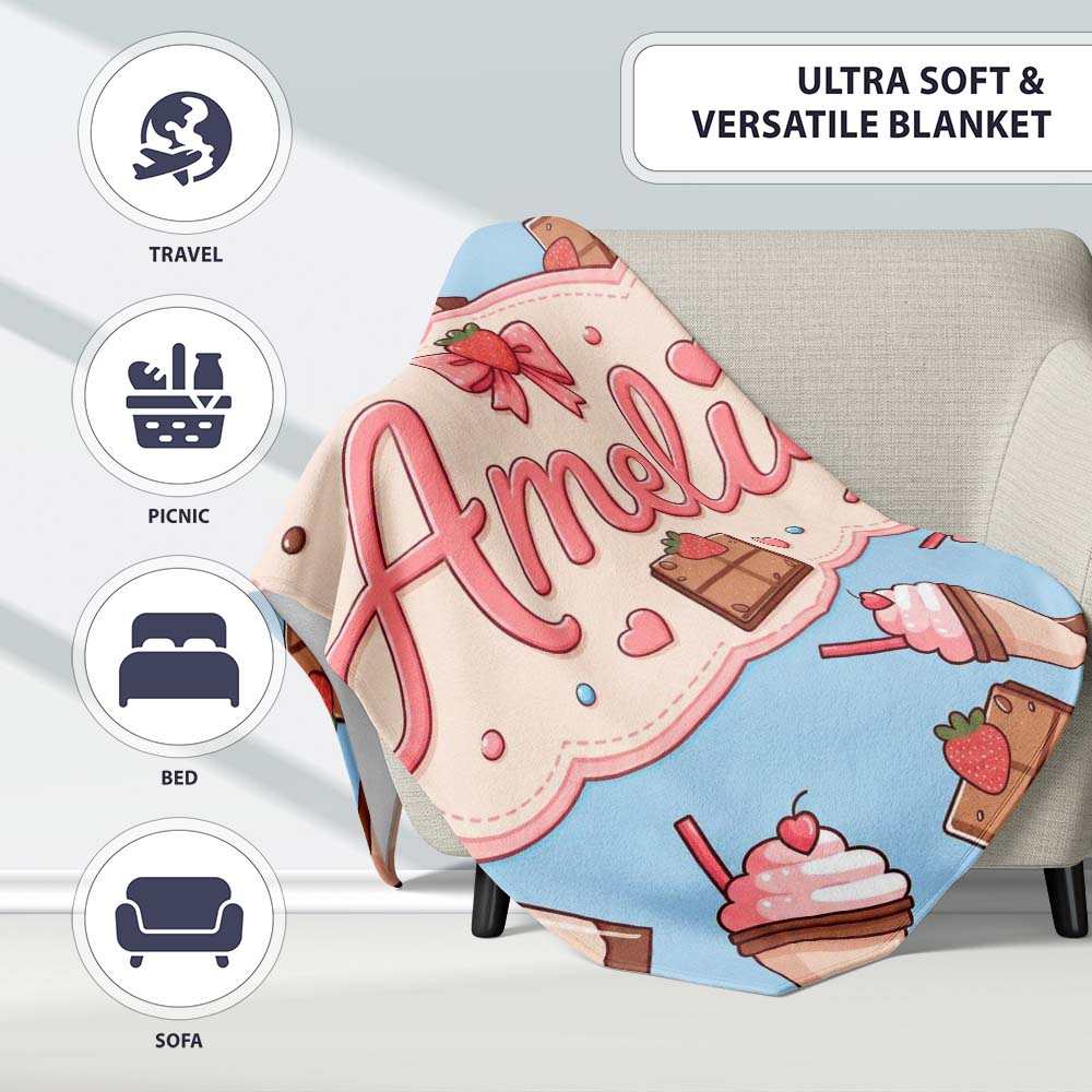 Cute Chocolate Strawberry Milkshake Blue Background Seamless Personalised Custom Name Super Soft Fleece Blanket Bed Sofa Throw