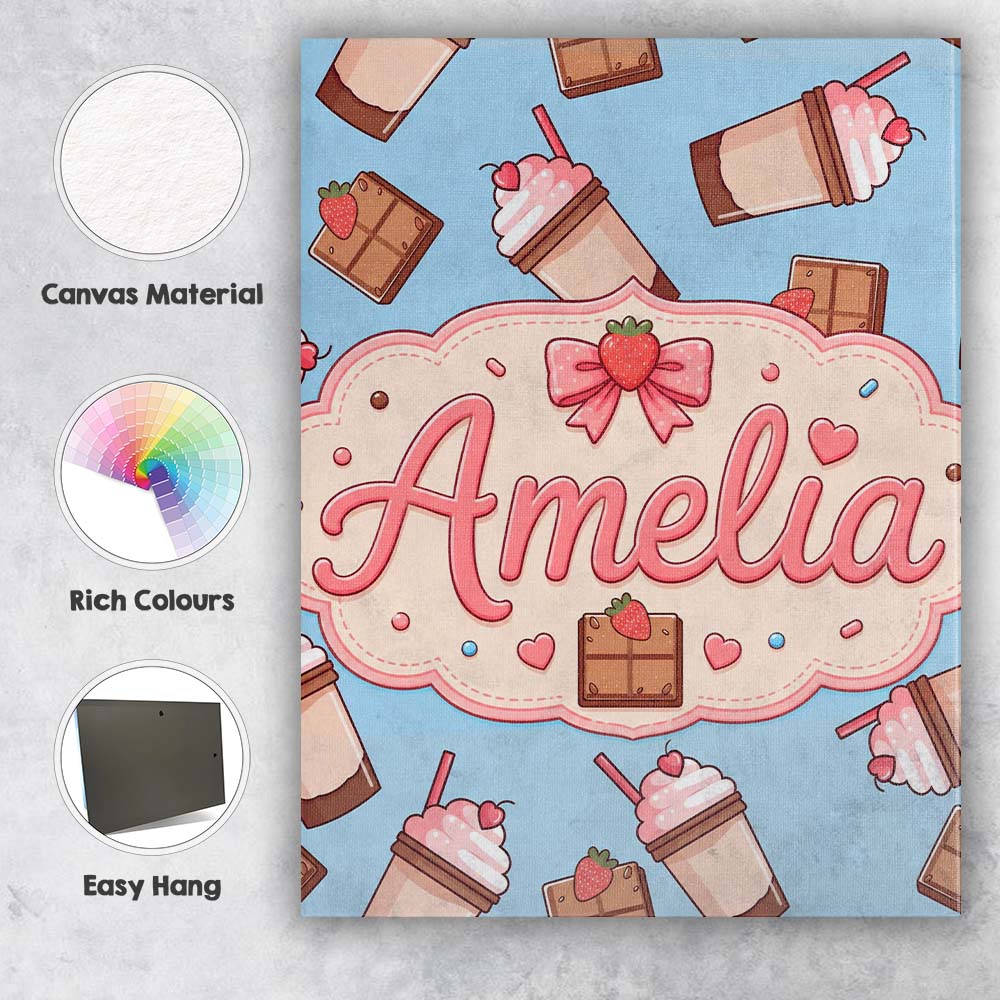 Personalised Name Cute Chocolate Strawberry Custom Bespoke Interior Contemporary Canvas Wall Art Print Decor Picture Ready to Hang
