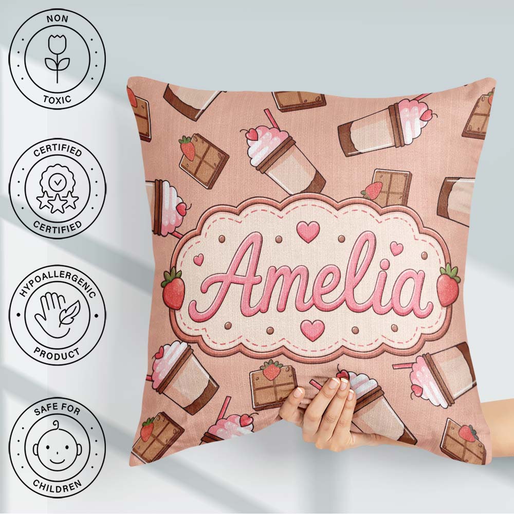 Custom Name Cute Chocolate Strawberry Milkshake Peach Background Square Filled Cushion Throw Pillow Sofa Bed Home Decor Zip Washable UK Made