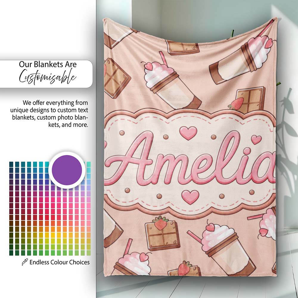 Cute Chocolate Strawberry Milkshake Peach Background Seamless Personalised Custom Name Super Soft Fleece Blanket Bed Sofa Throw