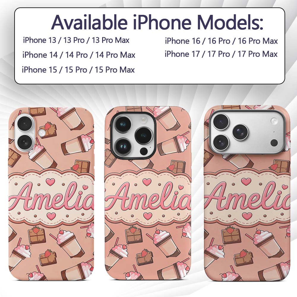 Cute Chocolate Strawberry Milkshake Peach Printed Design Custom Name Protective Phone Case Mobile Cover Durable Smartphone Shock Resistant